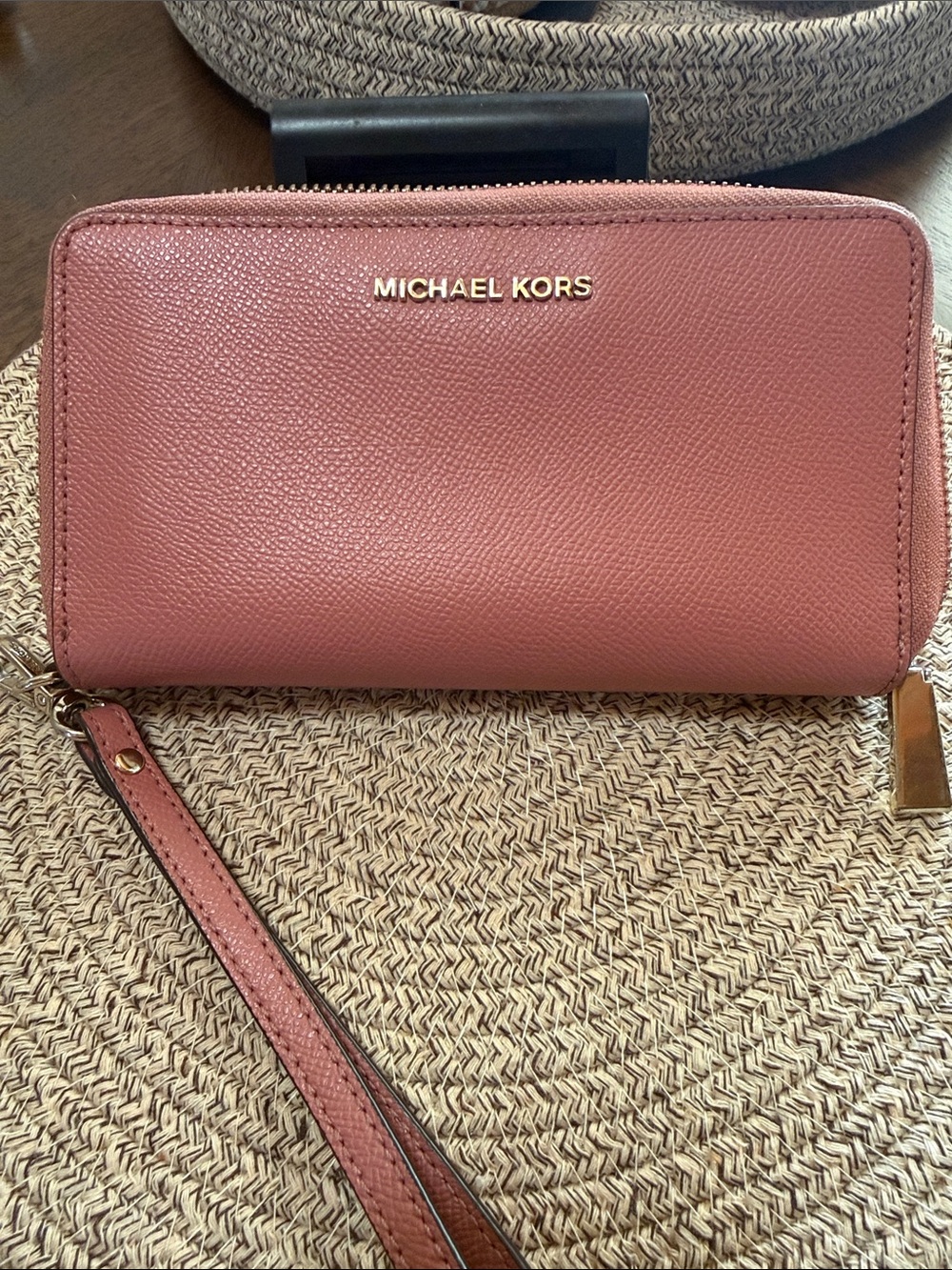Michael Kors Rose Leather Zip-Around Wristlet Wallet with Gold Logo